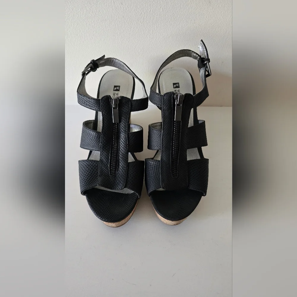 White Mountain Black Zip-Front Cork Wedge Sandals – Size 8.5